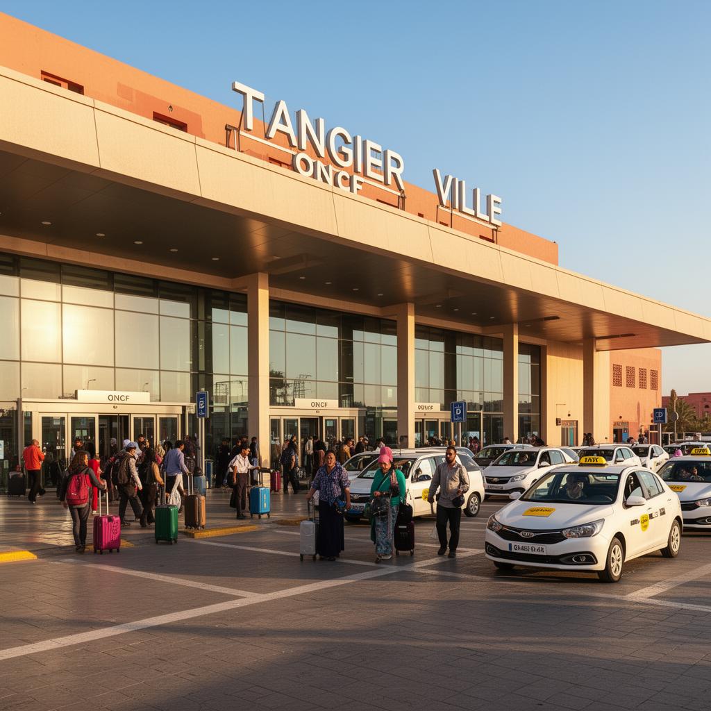 Modern facade of Tangier-Ville TGV station with contemporary Moroccan architecture