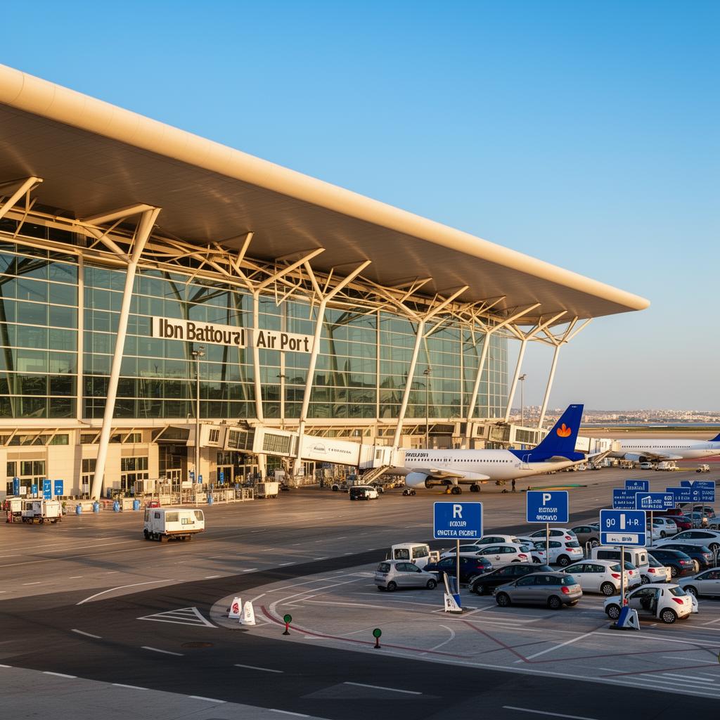 Terminal of Ibn Battouta International Airport in Tangier with modern Moroccan architecture