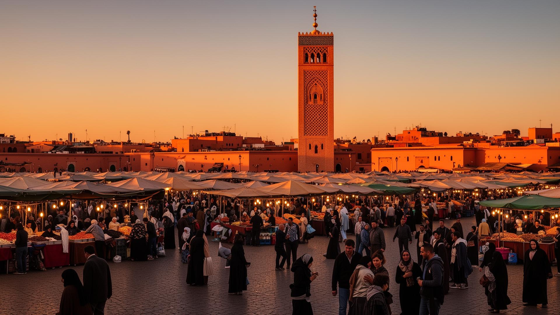 Jemaa el-Fnaa square and Koutoubia minaret in Marrakech at sunset
