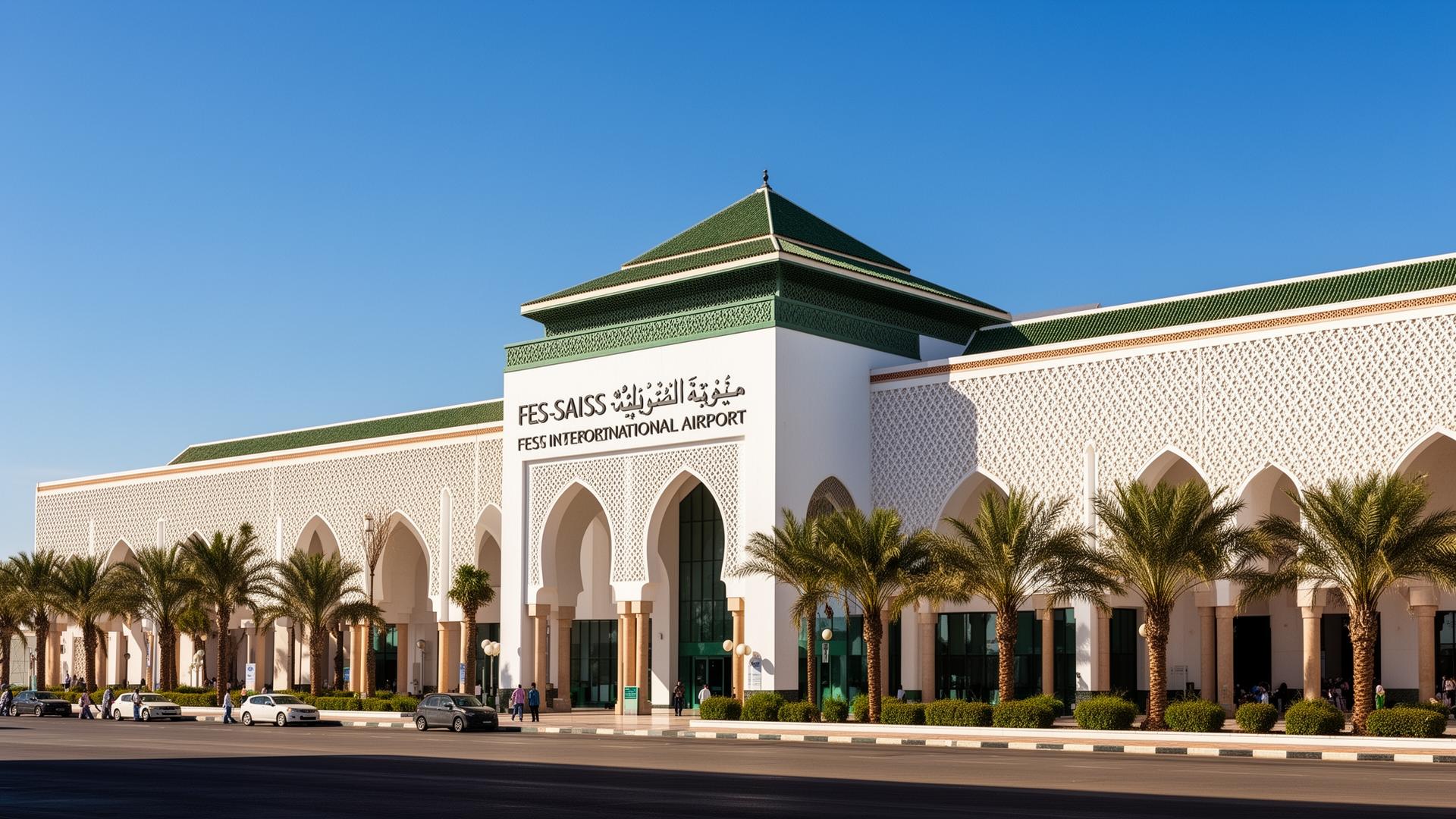 Fes-Saiss International Airport terminal with Moroccan architecture and palm trees