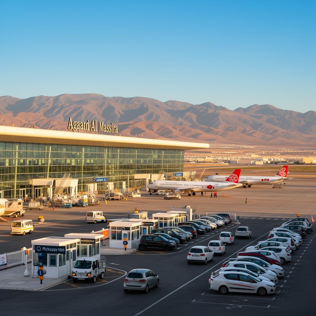 Terminal of Al Massira International Airport in Agadir with modern Moroccan architecture and Atlas mountains in background