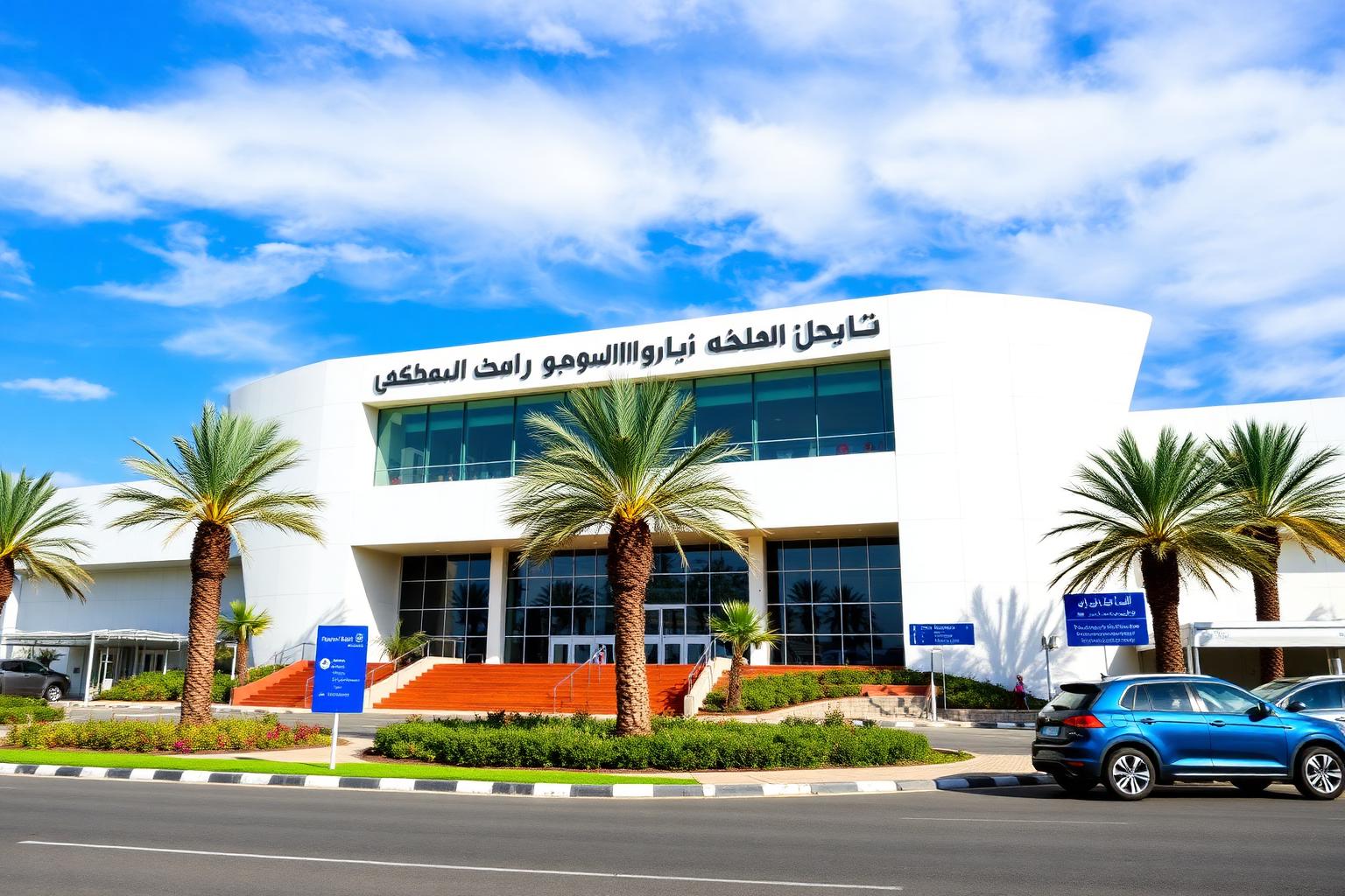 Terminal of Rabat-Salé International Airport with modern Moroccan architecture and palm trees
