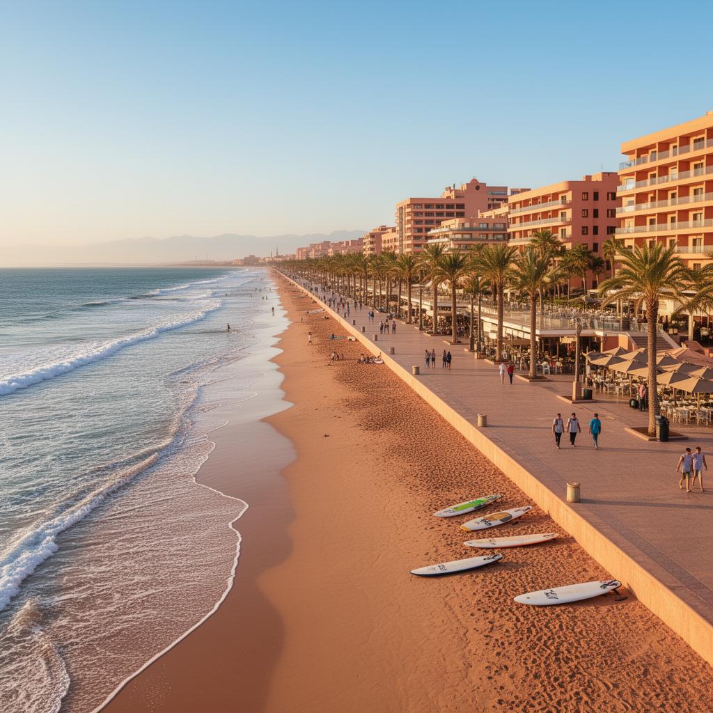 Agadir beach and promenade with palm trees, restaurants and the Atlantic Ocean