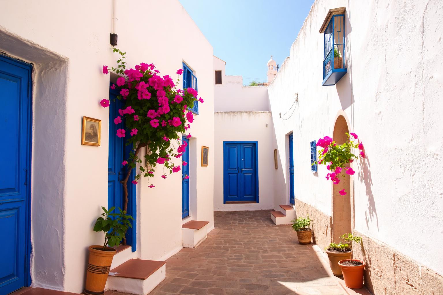 White and blue alleyways of the Kasbah of the Udayas in Rabat with bougainvillea